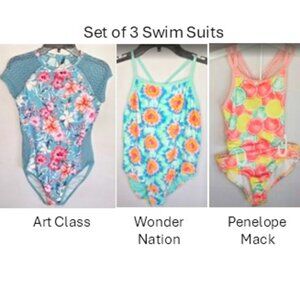 Set Of 3 Gently Used Girls Swim Suits: Art Class, Penelope Mack & Wonder Nation